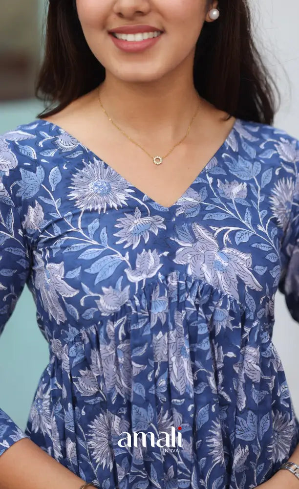 Dark Blue Jaipur Hand Block-Printed Short Top - salwar