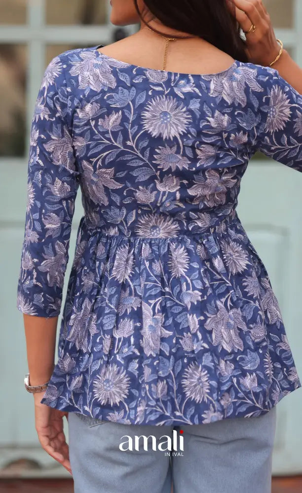 Dark Blue Jaipur Hand Block-Printed Short Top - salwar