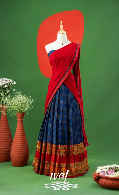 Dark Blue with Red Semi-Stitched Cotton Halfsaree Half Sarees