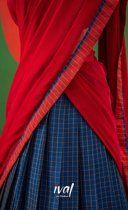 Dark Blue with Red Semi-Stitched Cotton Halfsaree Half Sarees