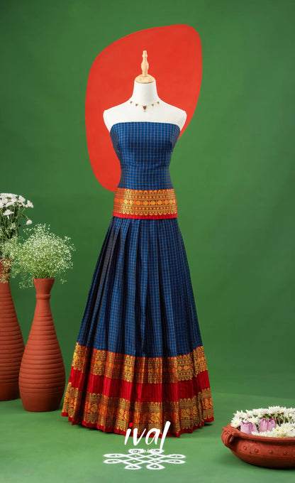Dark Blue with Red Semi-Stitched Cotton Halfsaree Half Sarees