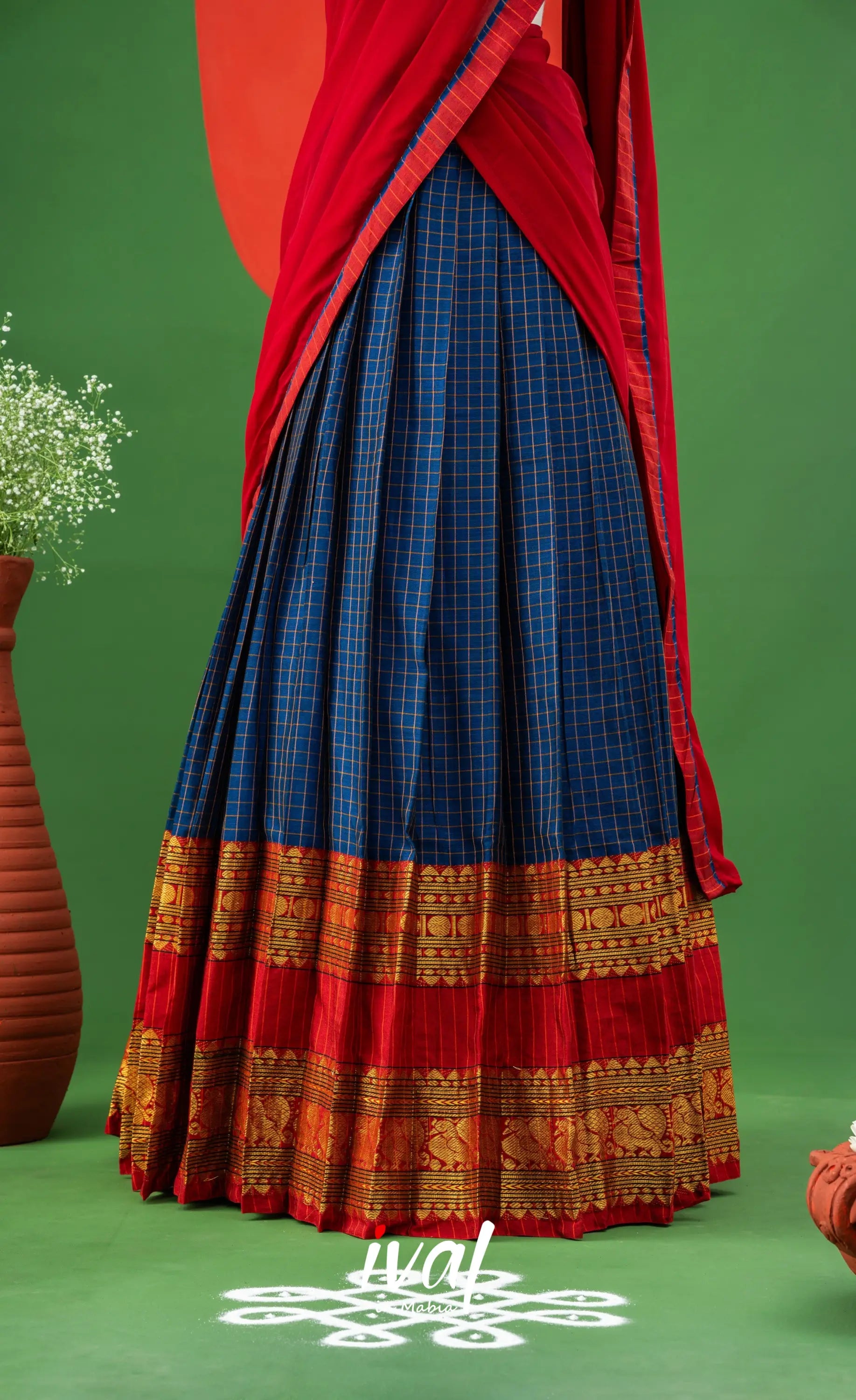 Dark Blue with Red Semi-Stitched Cotton Halfsaree Half Sarees