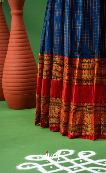 Dark Blue with Red Semi-Stitched Cotton Halfsaree Half Sarees