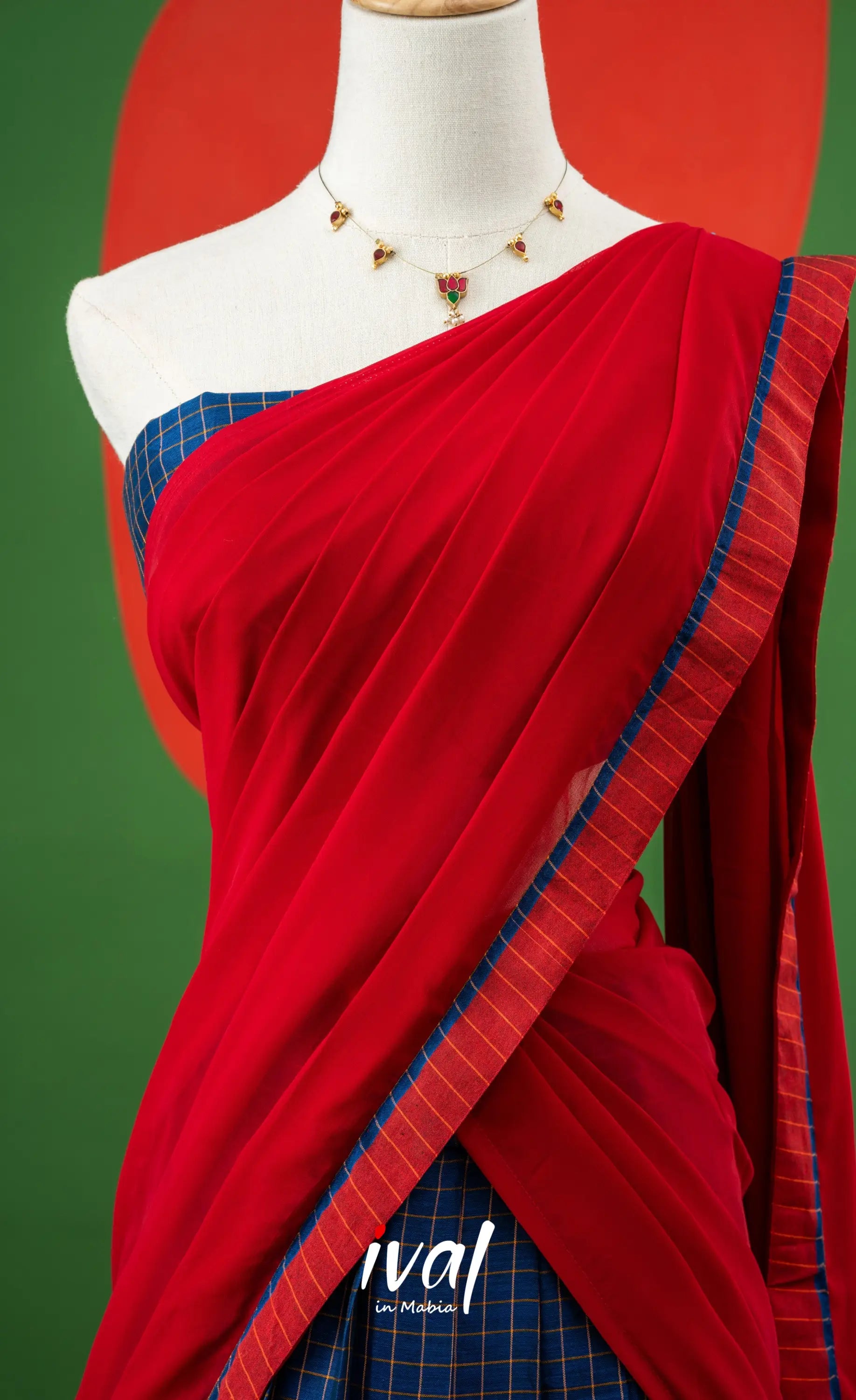 Dark Blue with Red Semi-Stitched Cotton Halfsaree Half Sarees