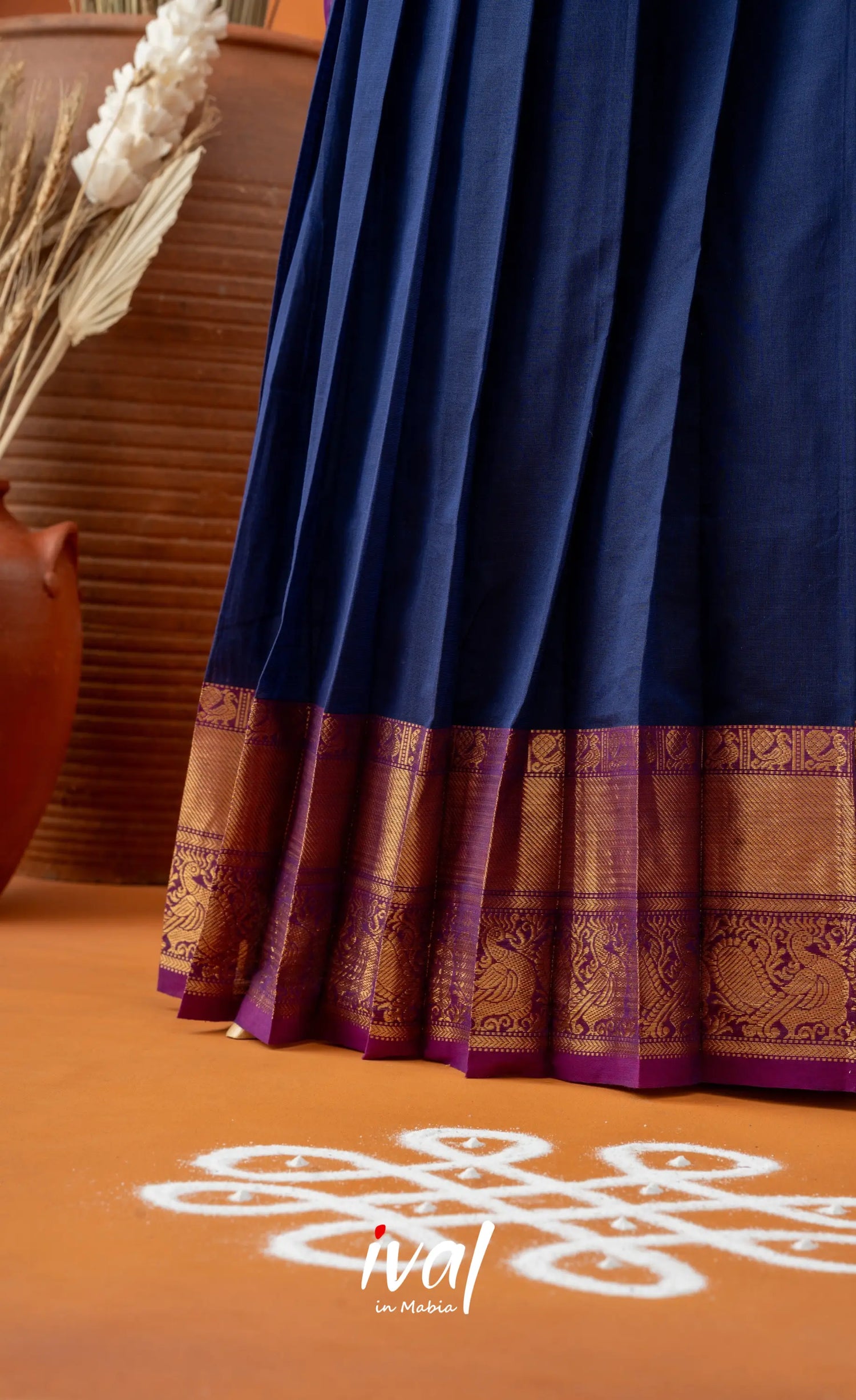 Dark Blue with Violet Semi-Stitched Cotton Halfsaree Half Sarees