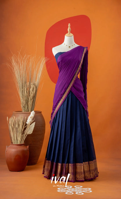 Dark Blue with Violet Semi-Stitched Cotton Halfsaree Half Sarees