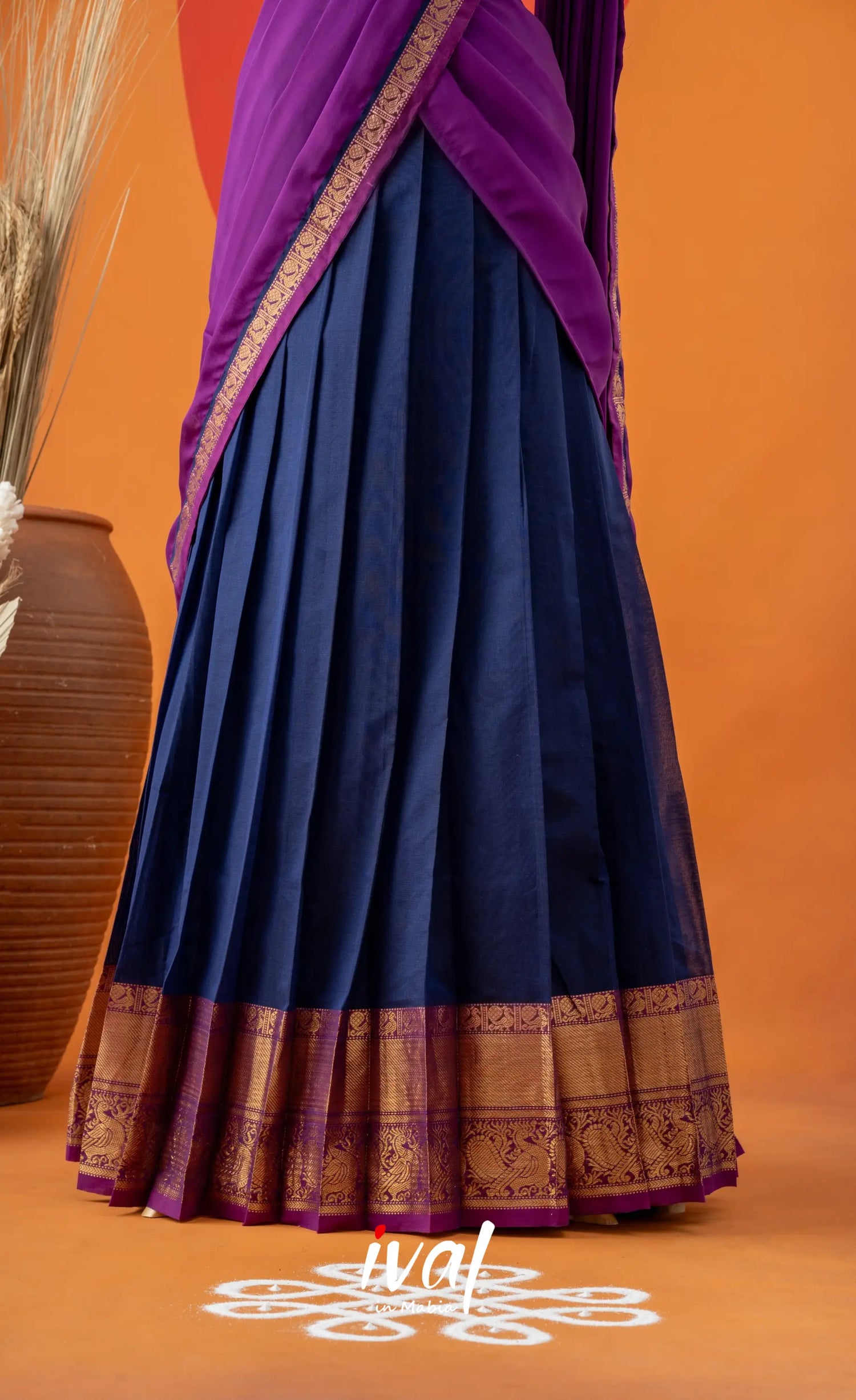Dark Blue with Violet Semi-Stitched Cotton Halfsaree Half Sarees