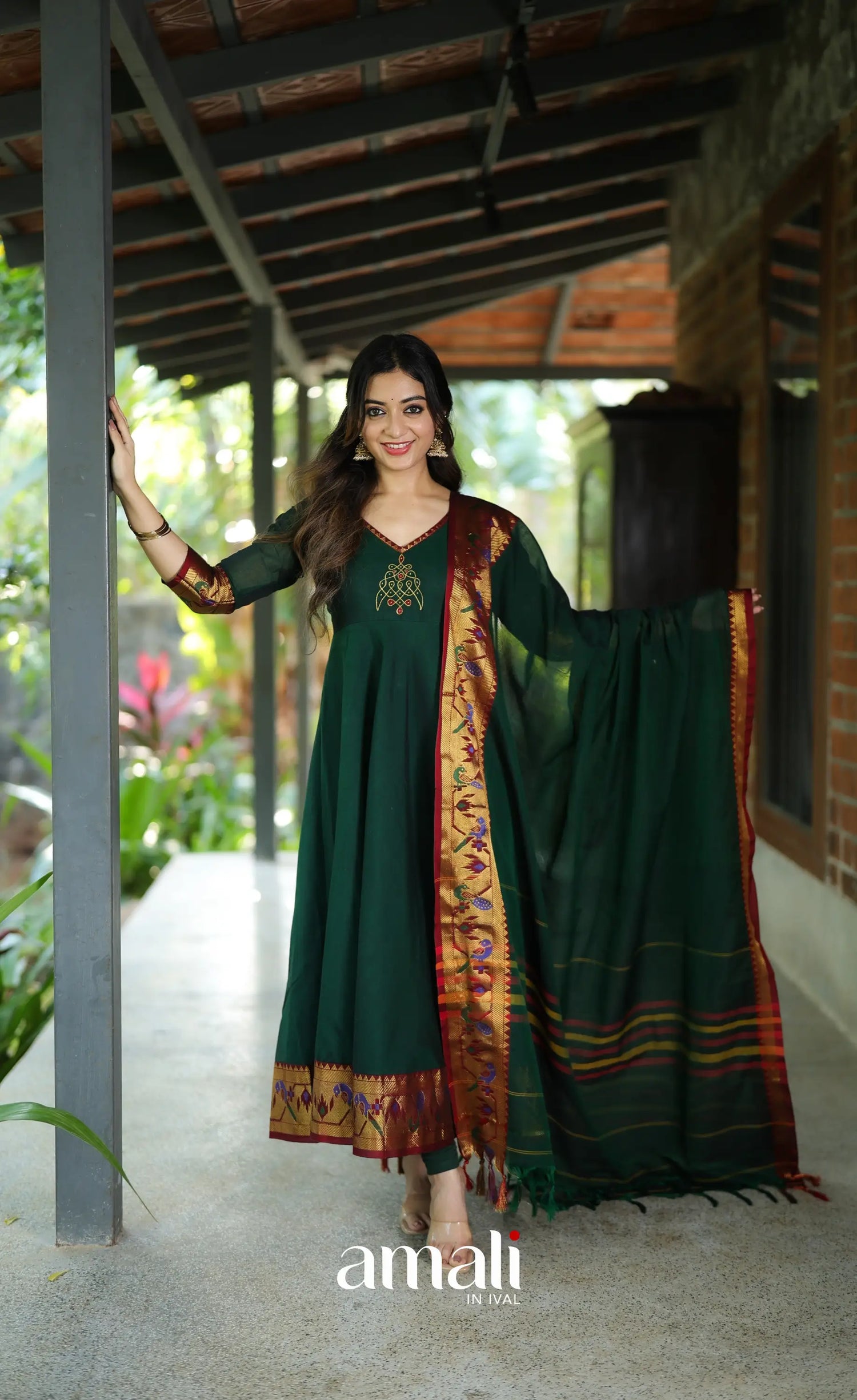Dark Bottle green and Maroon Narayanpet Cotton Anarkali - Anarkalis