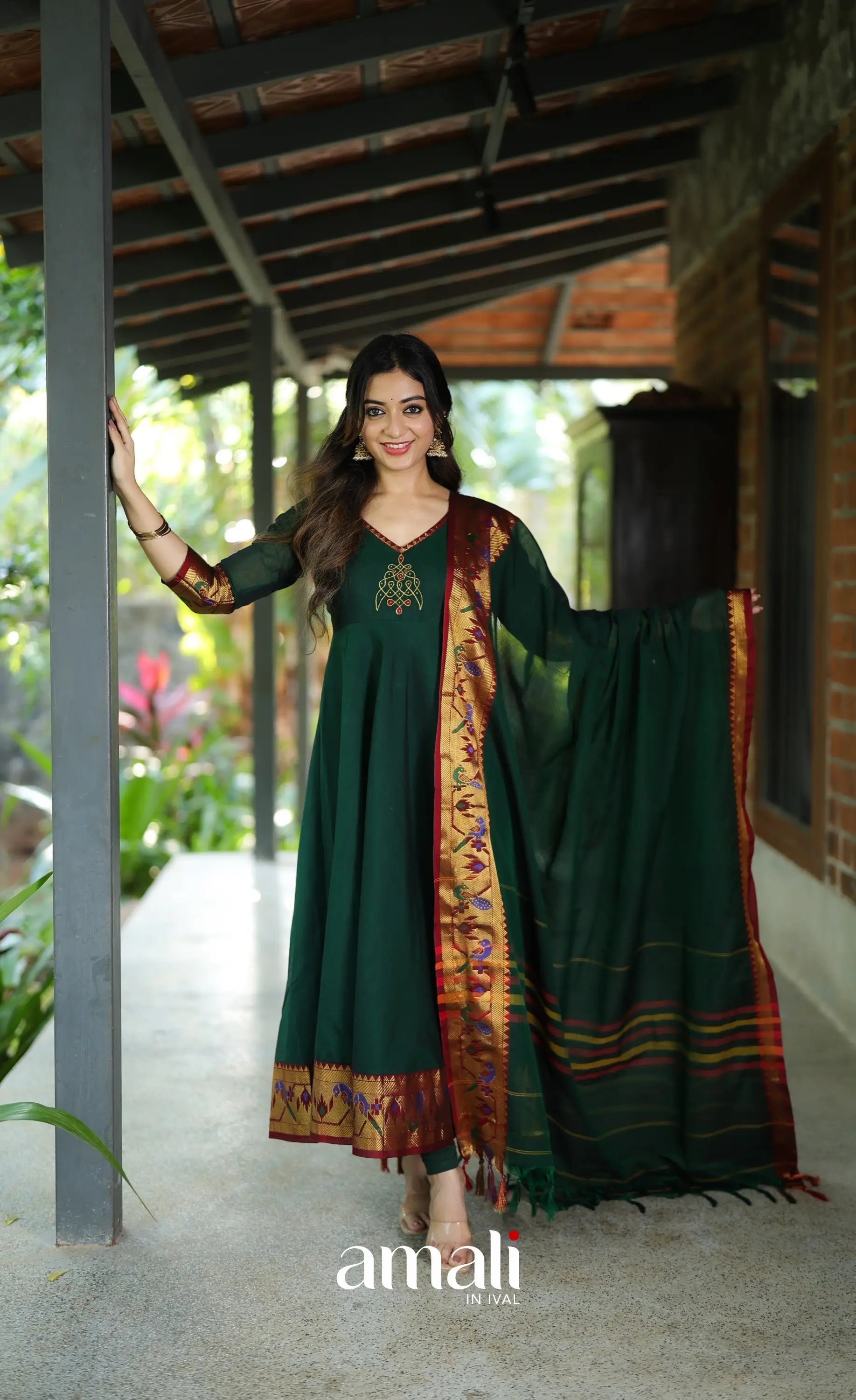 Dark Bottle green and Maroon Narayanpet Cotton Anarkali - Anarkalis