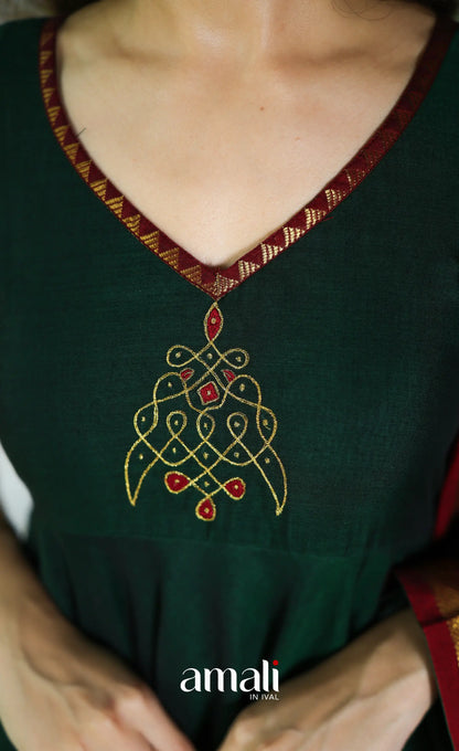 Dark Bottle green and Maroon Narayanpet Cotton Anarkali - Anarkalis