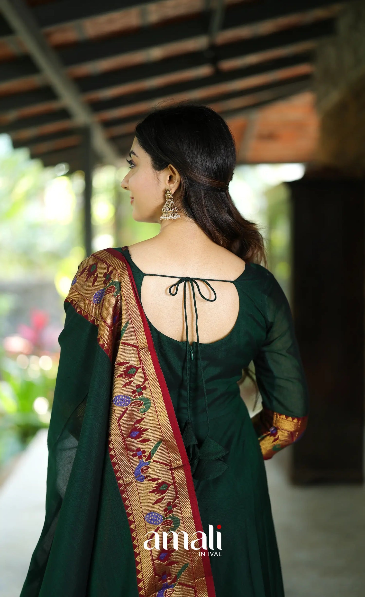 Dark Bottle green and Maroon Narayanpet Cotton Anarkali - Anarkalis