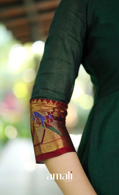 Dark Bottle green and Maroon Narayanpet Cotton Anarkali - Anarkalis