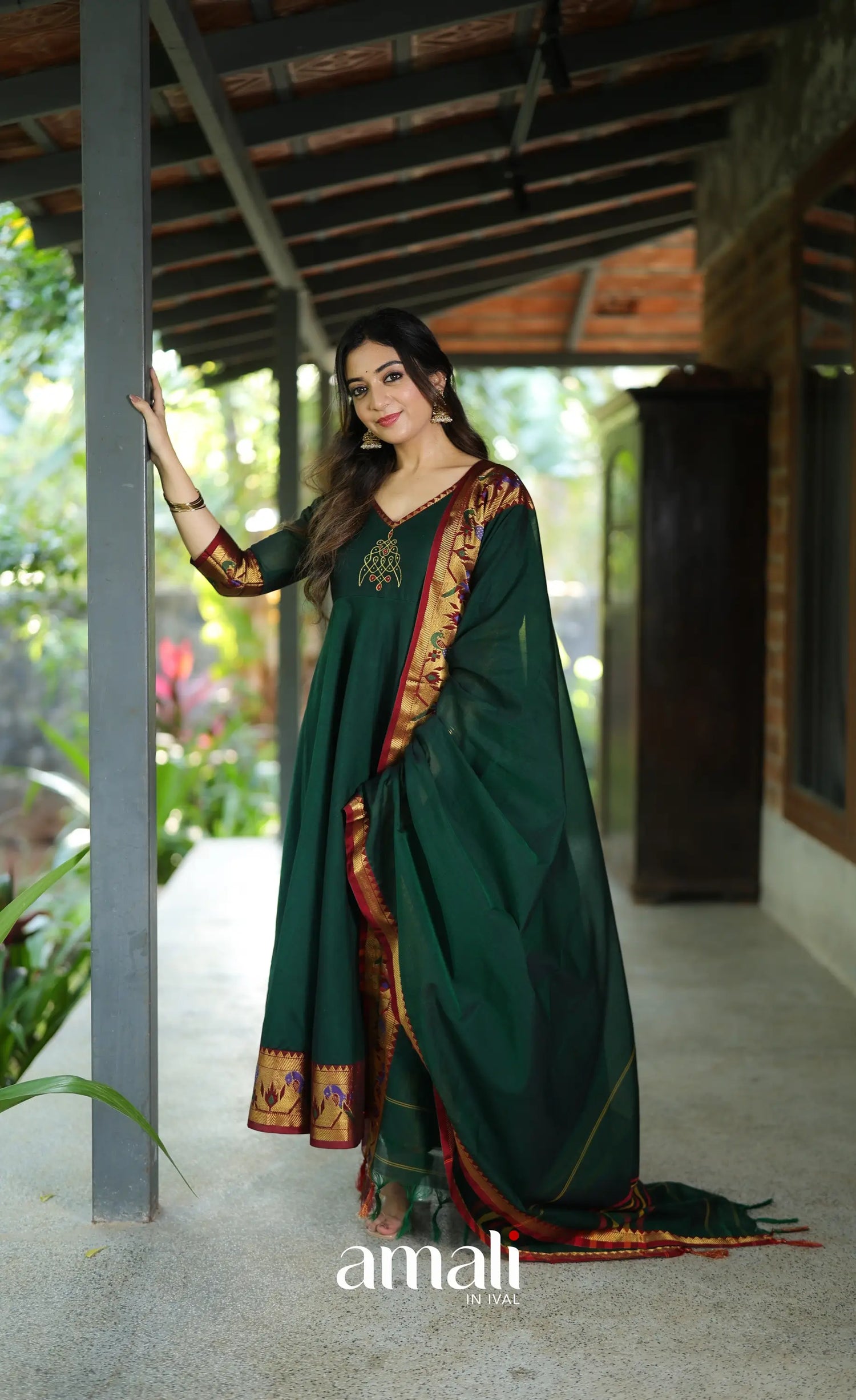 Dark Bottle green and Maroon Narayanpet Cotton Anarkali - Anarkalis