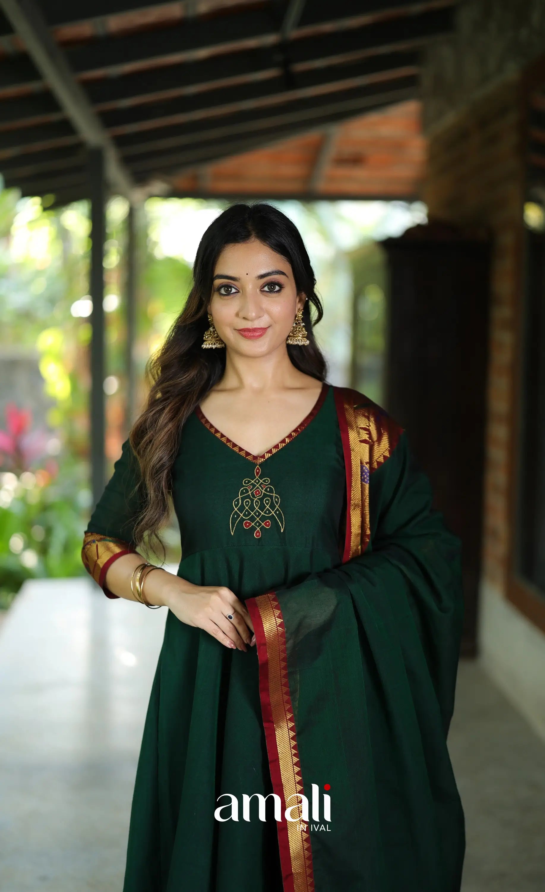 Dark Bottle green and Maroon Narayanpet Cotton Anarkali - Anarkalis