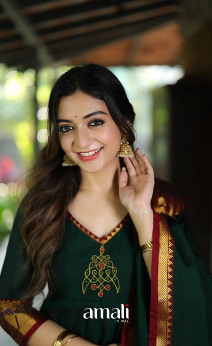 Dark Bottle green and Maroon Narayanpet Cotton Anarkali - Anarkalis