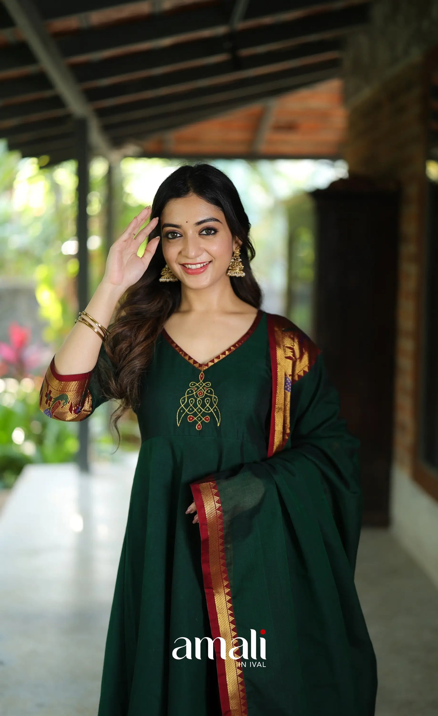 Dark Bottle green and Maroon Narayanpet Cotton Anarkali - Anarkalis