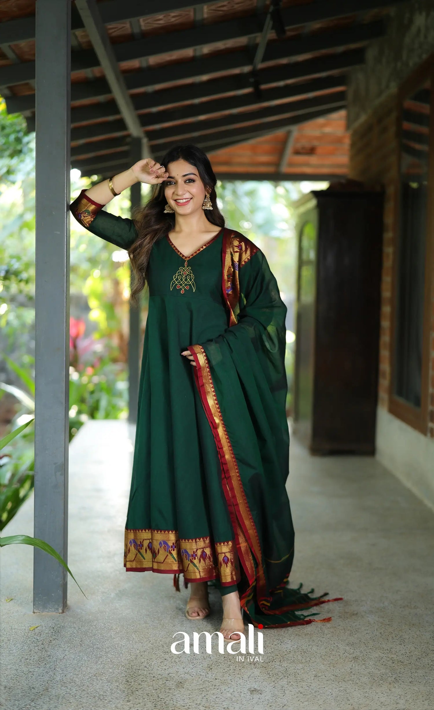 Dark Bottle green and Maroon Narayanpet Cotton Anarkali - Anarkalis