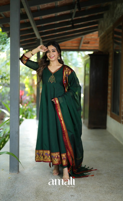 Dark Bottle green and Maroon Narayanpet Cotton Anarkali - Anarkalis
