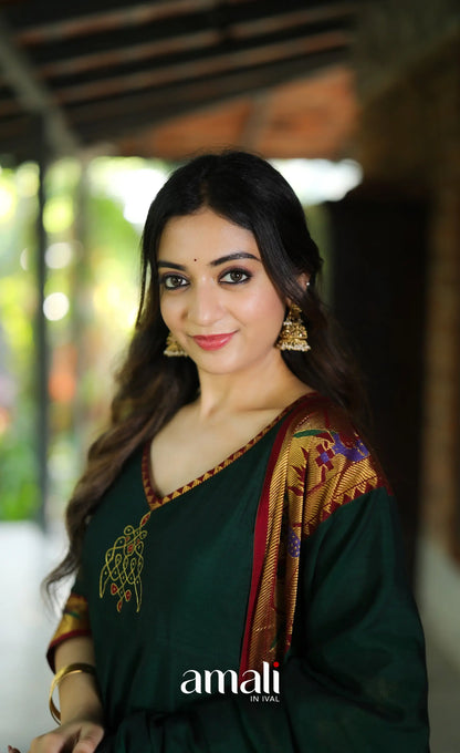 Dark Bottle green and Maroon Narayanpet Cotton Anarkali - Anarkalis