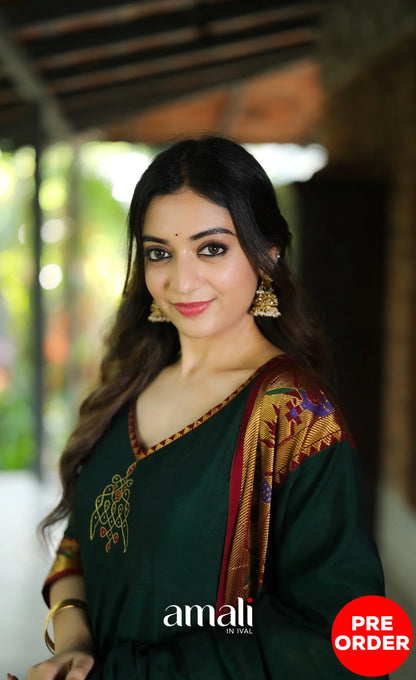 Dark Bottle green and Maroon Narayanpet Cotton Anarkali - Anarkalis