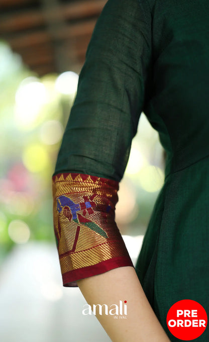 Dark Bottle green and Maroon Narayanpet Cotton Anarkali - Anarkalis