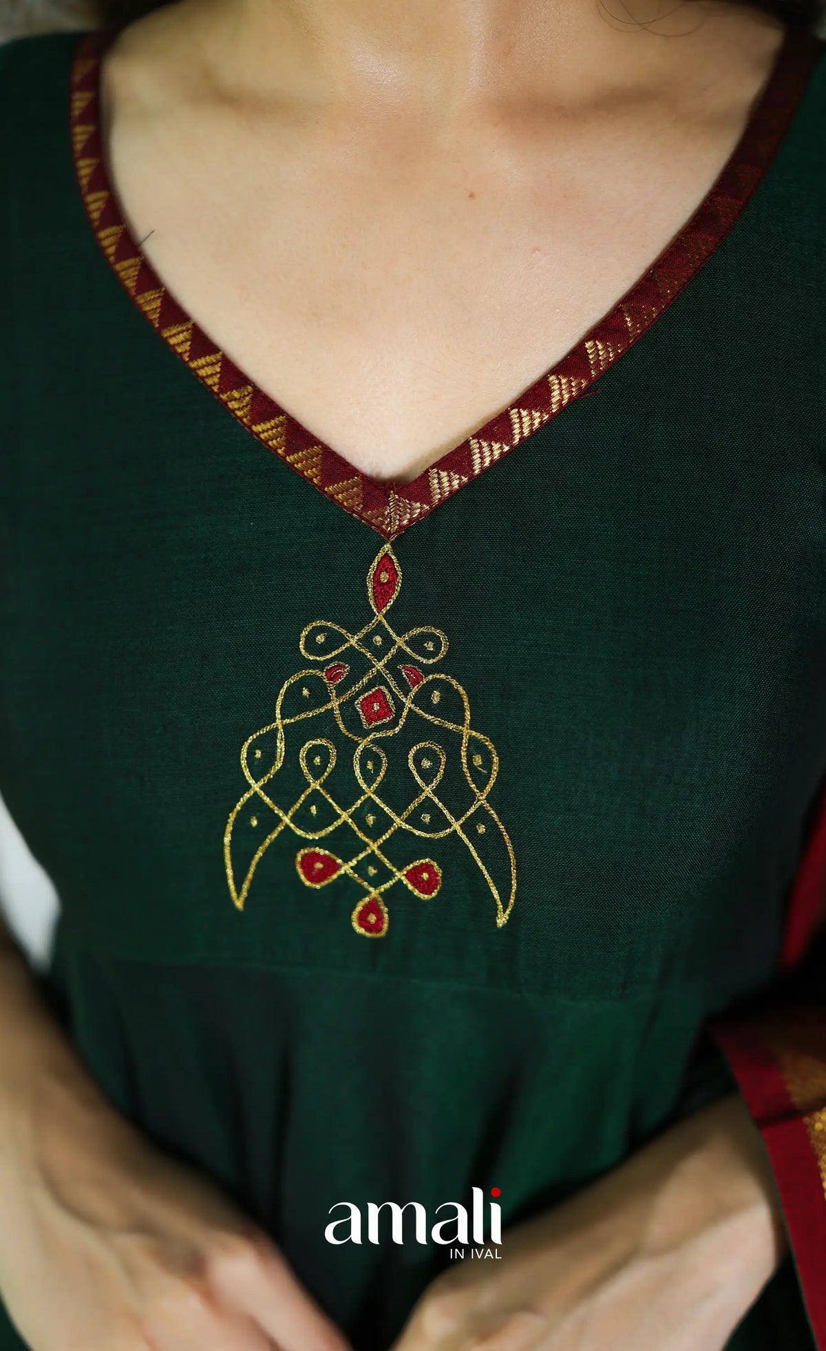 Dark Bottle green and Maroon Narayanpet Cotton Anarkali - Anarkalis