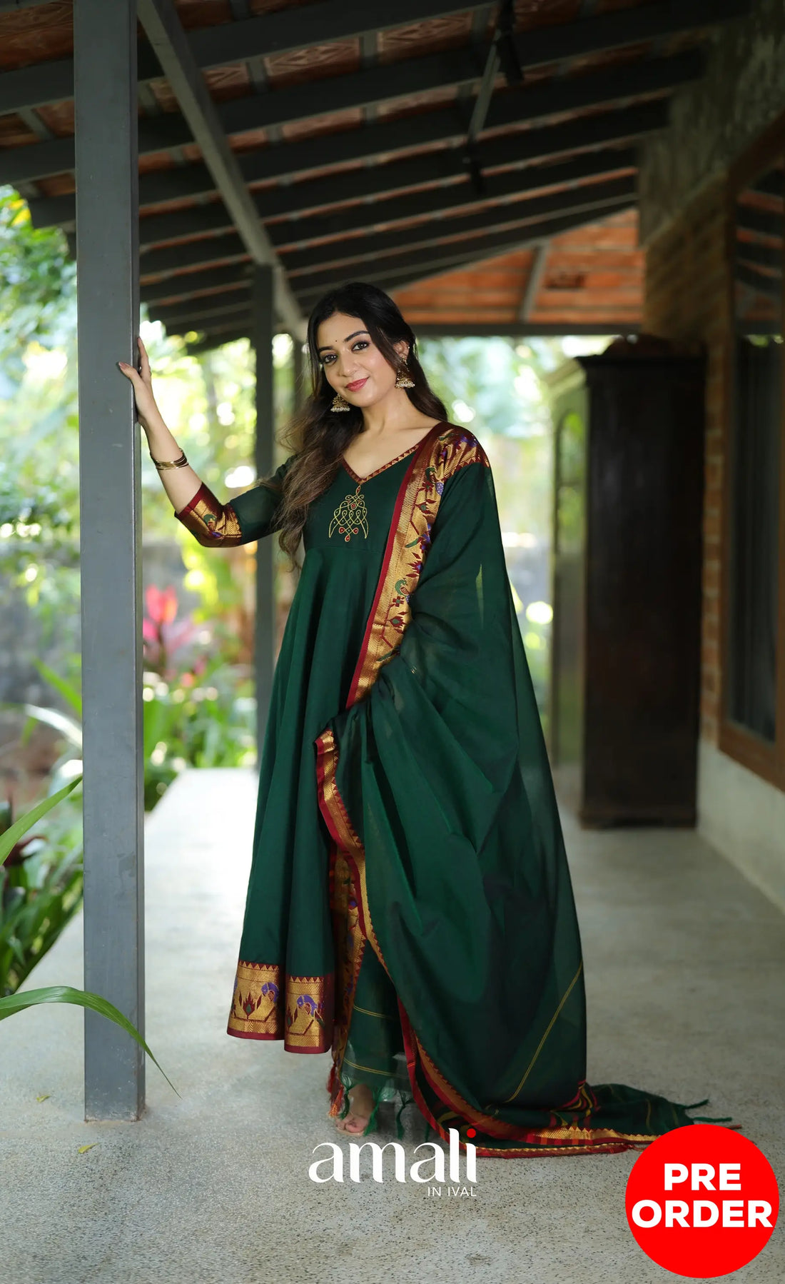 Dark Bottle green and Maroon Narayanpet Cotton Anarkali - Anarkalis