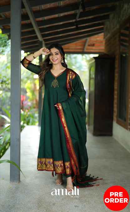 Dark Bottle green and Maroon Narayanpet Cotton Anarkali - Anarkalis