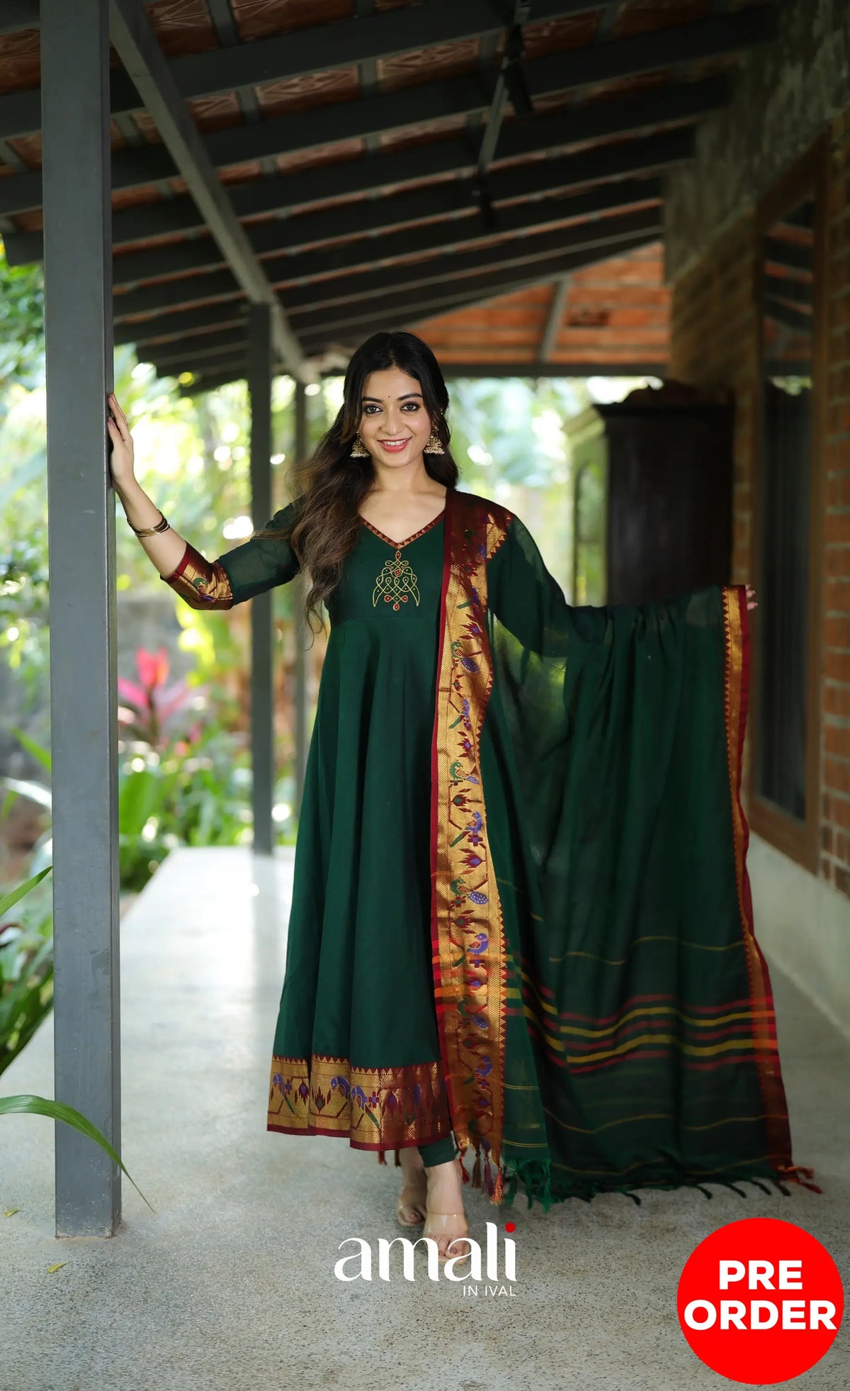 Dark Bottle green and Maroon Narayanpet Cotton Anarkali - Anarkalis