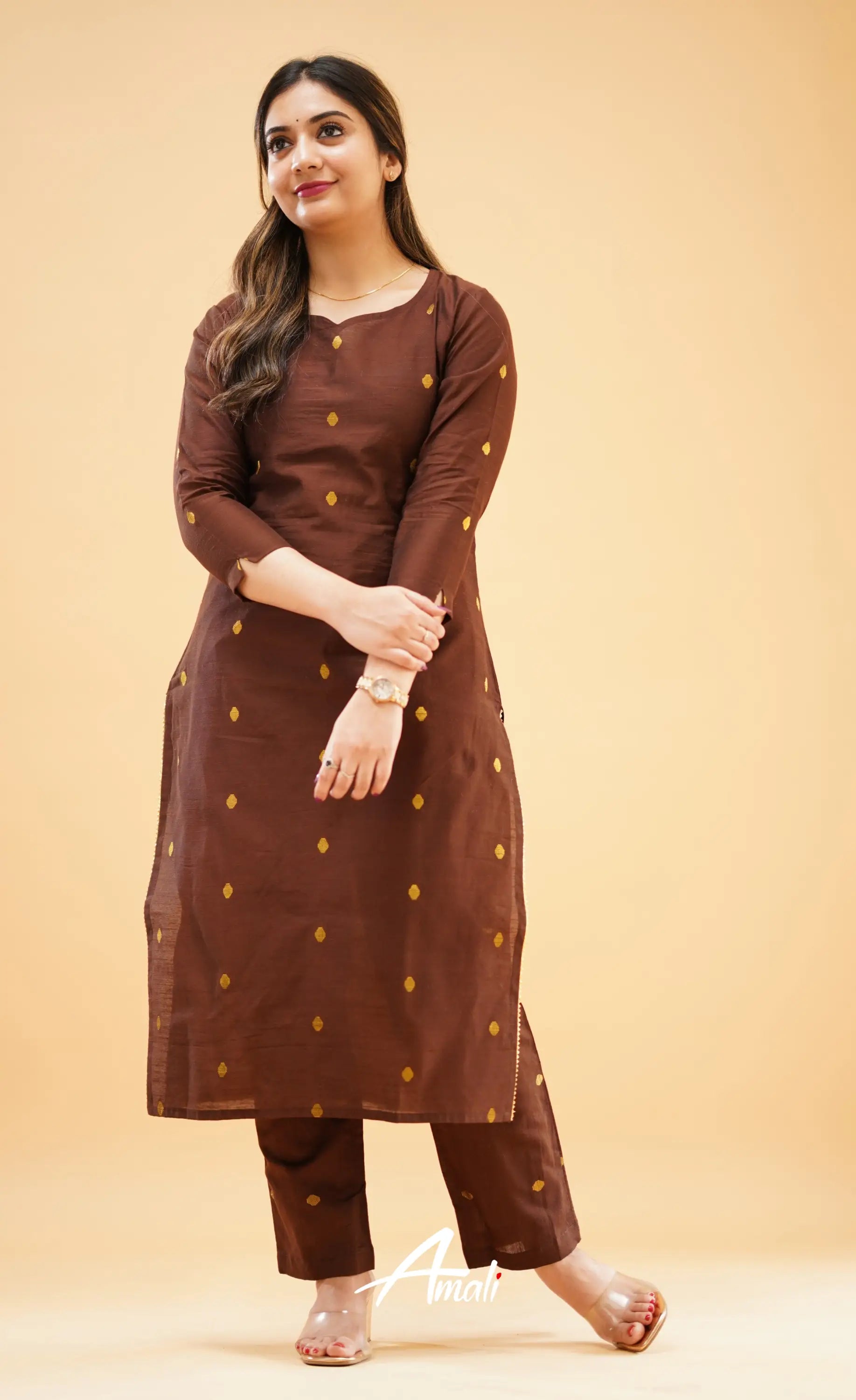 Dark Brown Slub Cotton Silk Co-Ord Set