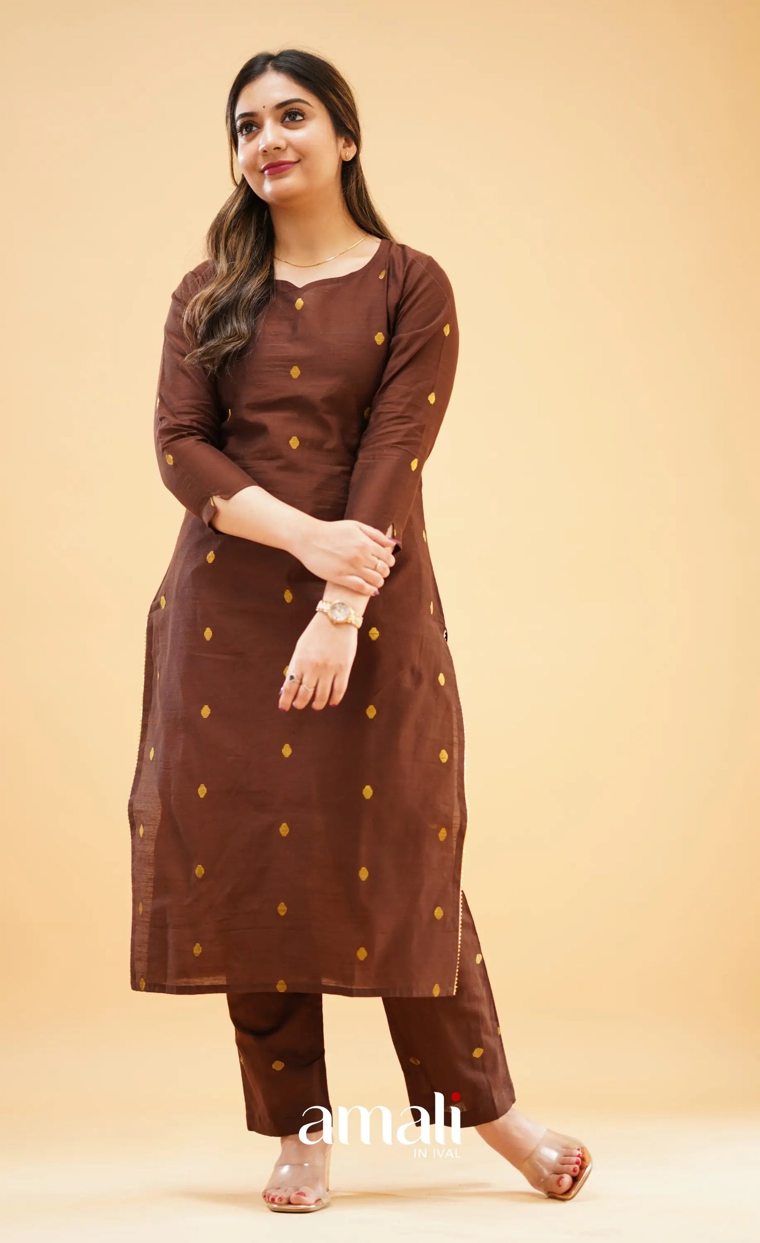 Dark Brown Slub Cotton Silk Co-Ord Set
