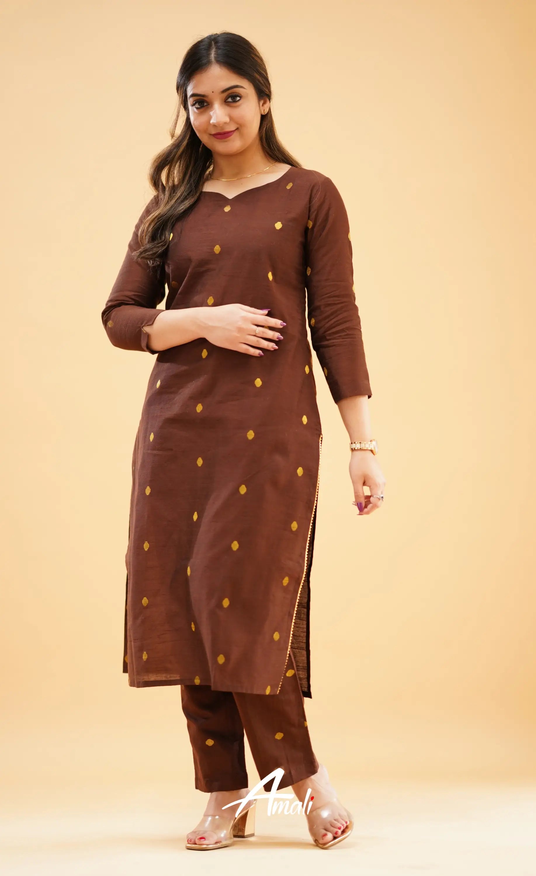 Dark Brown Slub Cotton Silk Co-Ord Set