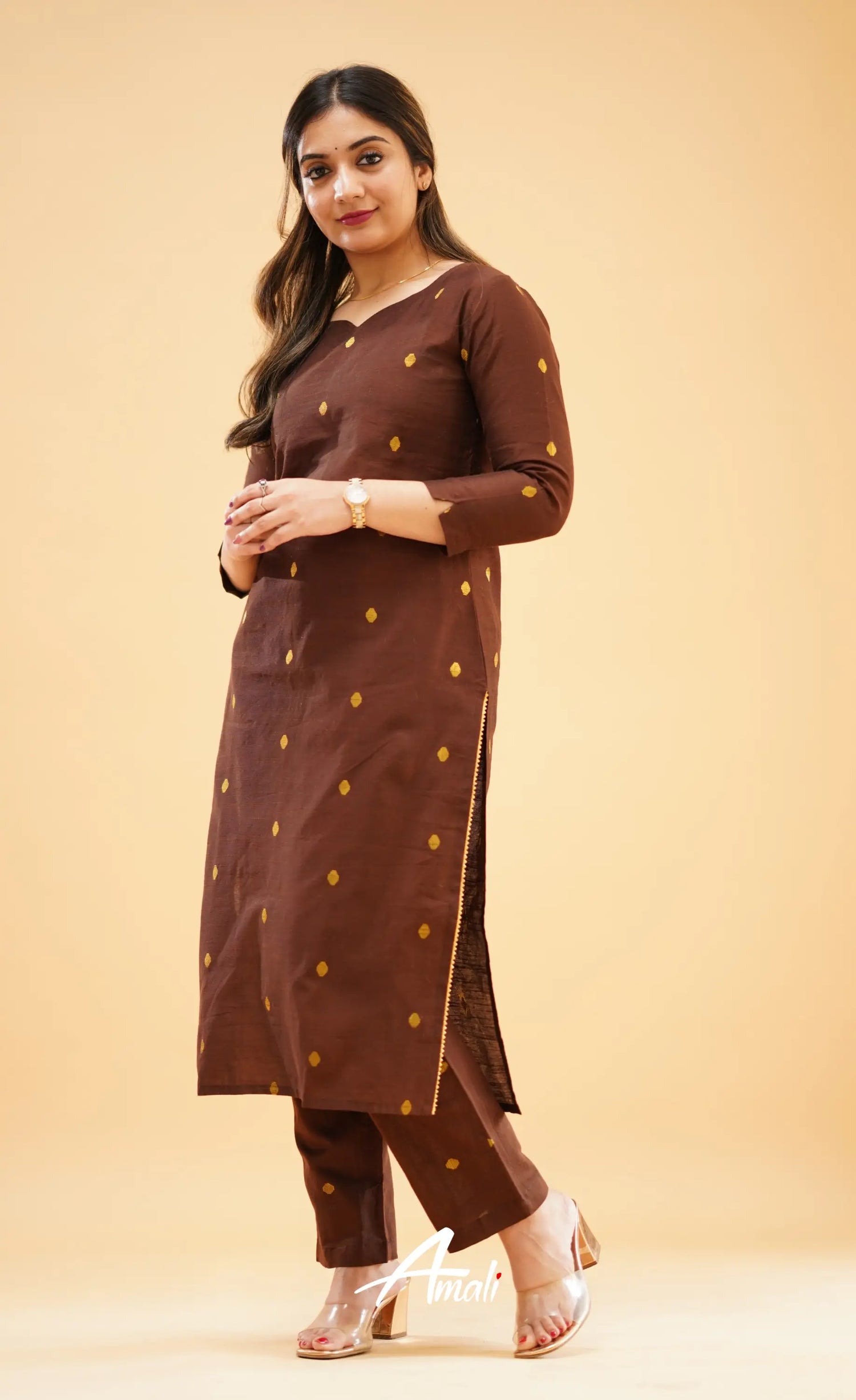 Dark Brown Slub Cotton Silk Co-Ord Set