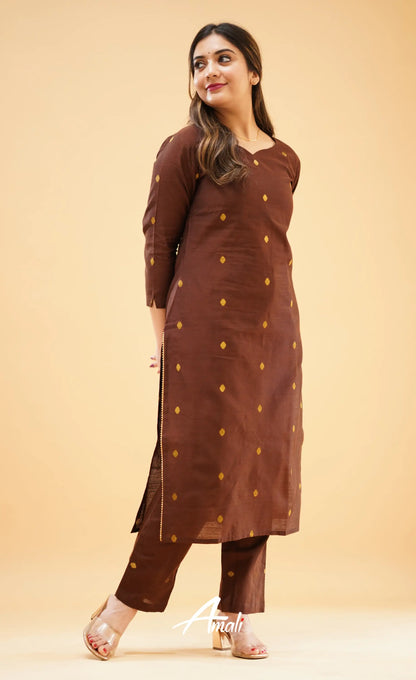 Dark Brown Slub Cotton Silk Co-Ord Set