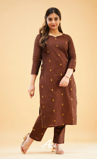 Dark Brown Slub Cotton Silk Co-Ord Set