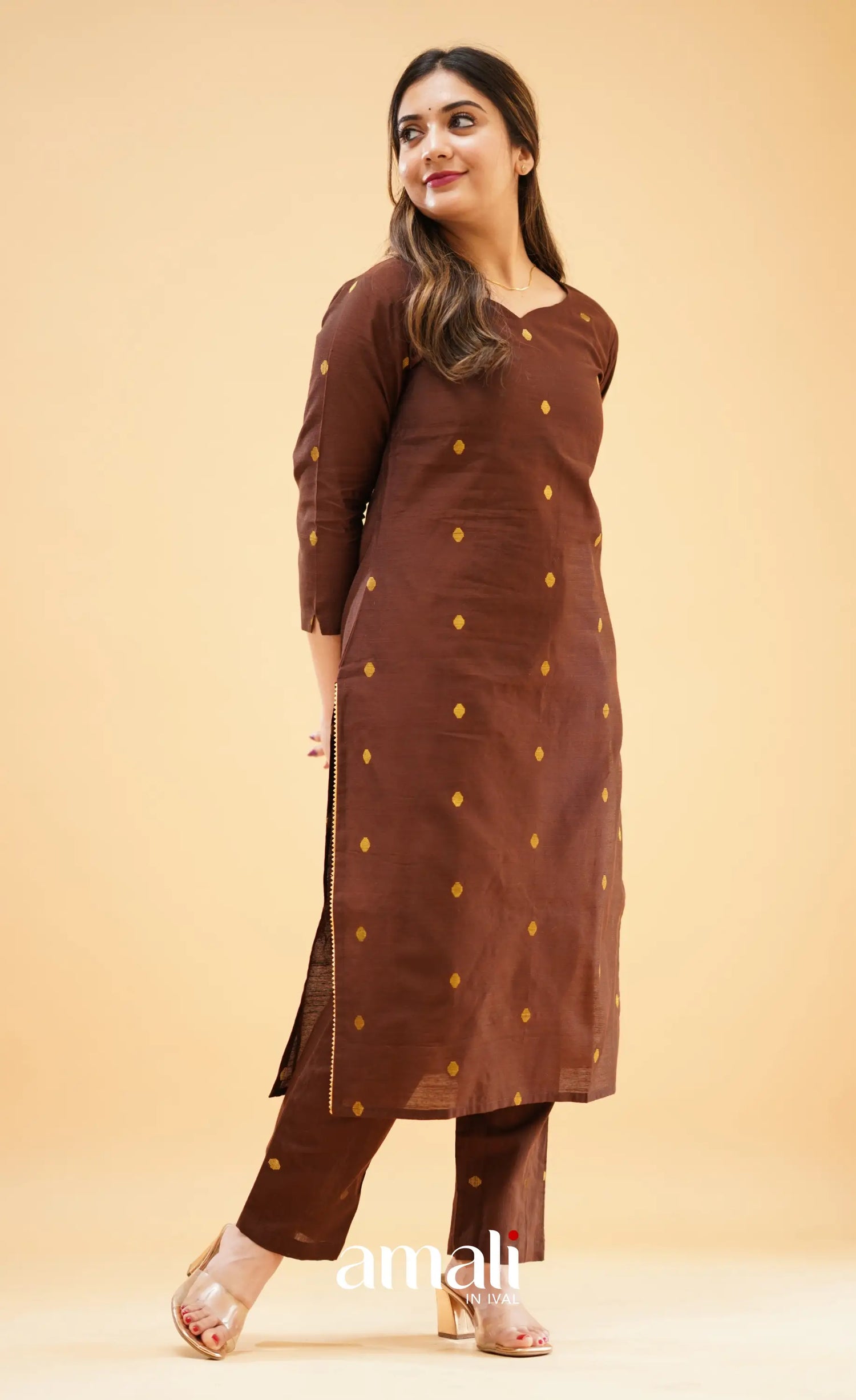 Dark Brown Slub Cotton Silk Co-Ord Set