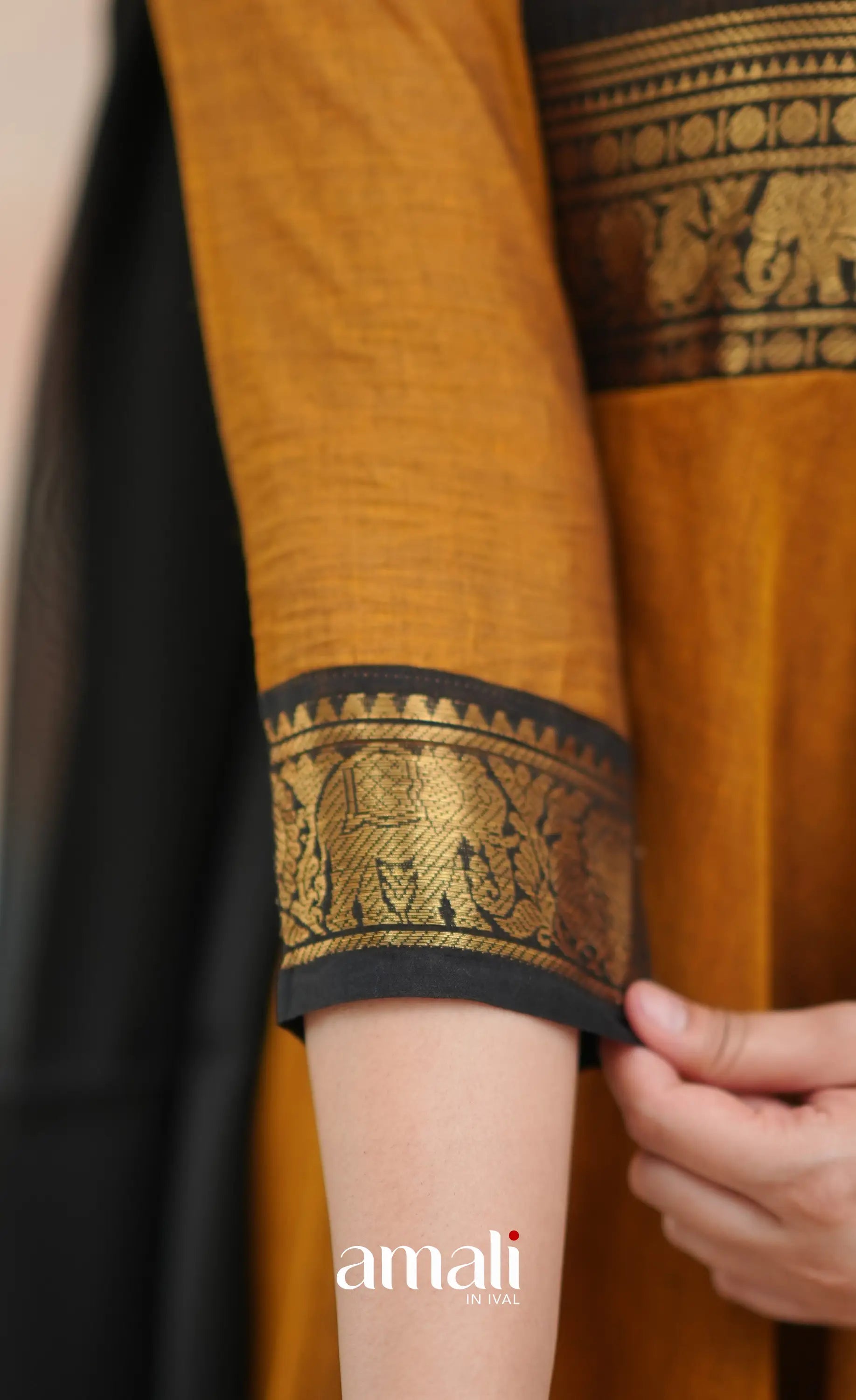 Dark Brownish mustard and Black Chettinad Cotton Anarkali - Anarkalis