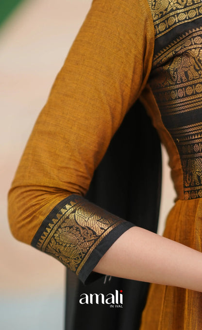 Dark Brownish mustard and Black Chettinad Cotton Anarkali - Anarkalis
