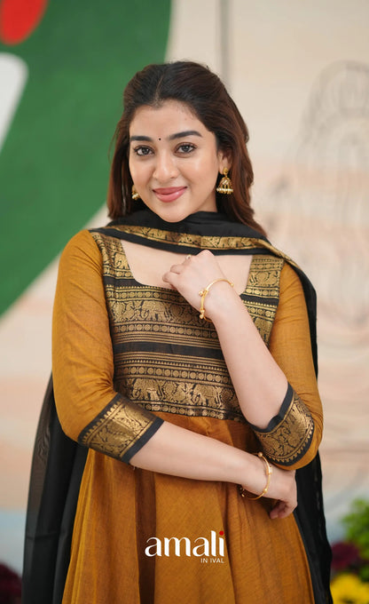 Dark Brownish mustard and Black Chettinad Cotton Anarkali - Anarkalis