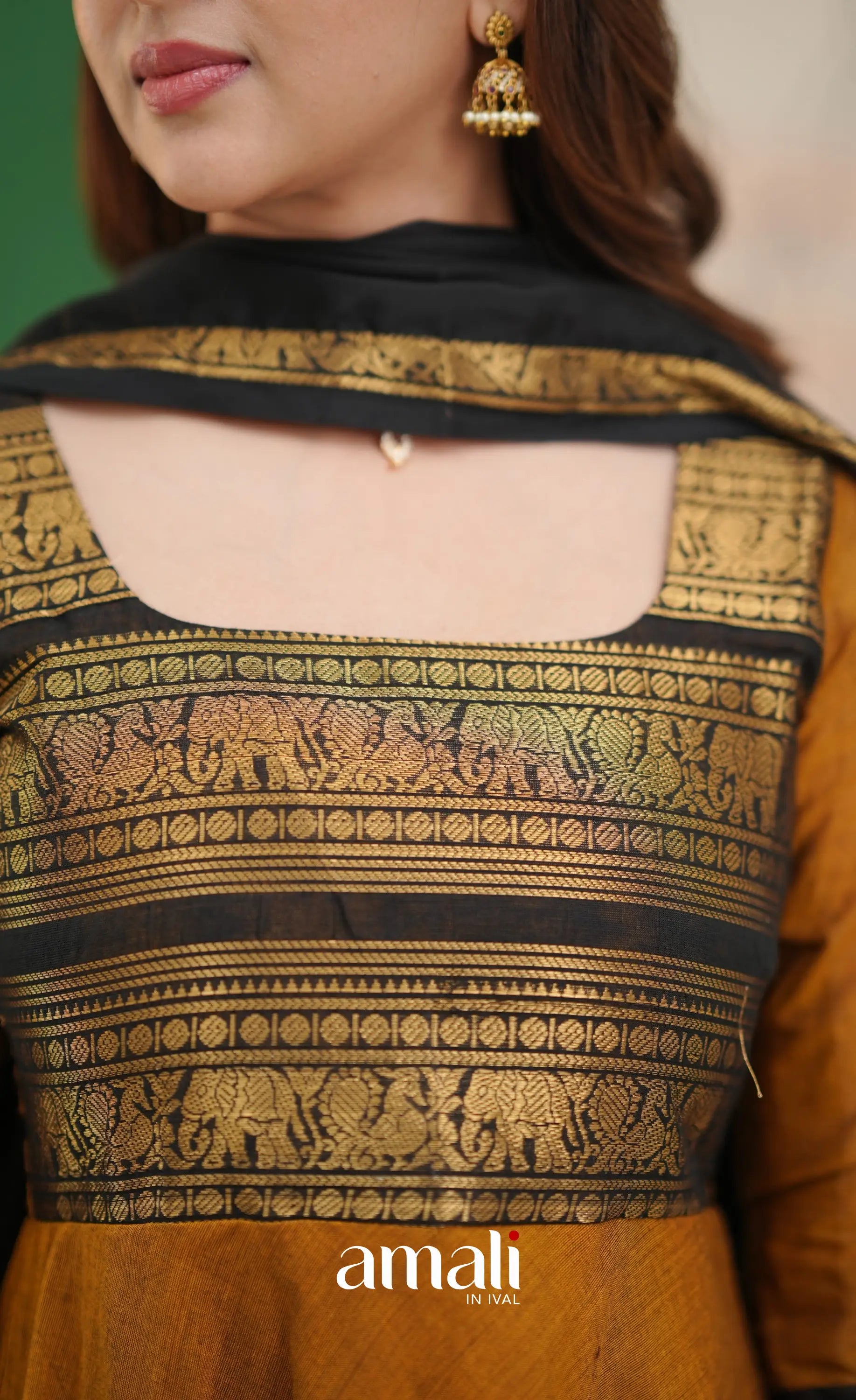 Dark Brownish mustard and Black Chettinad Cotton Anarkali - Anarkalis
