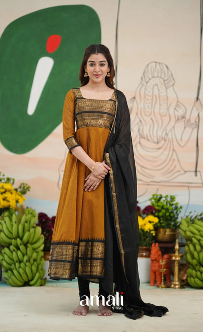Dark Brownish mustard and Black Chettinad Cotton Anarkali - Anarkalis