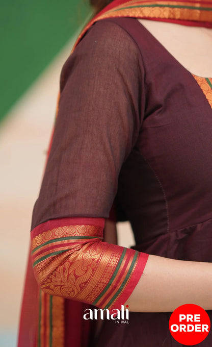 Dark Coffee Brown and Reddish Maroon Cotton Anarkali - Anarkalis