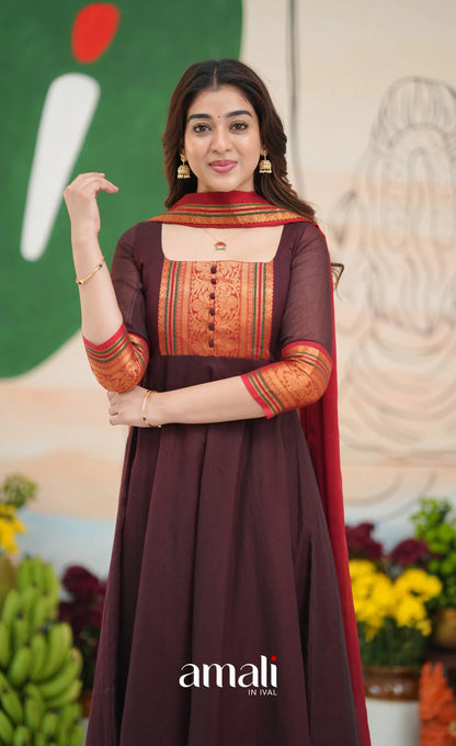 Dark Coffee Brown and Reddish Maroon Cotton Anarkali - Anarkalis