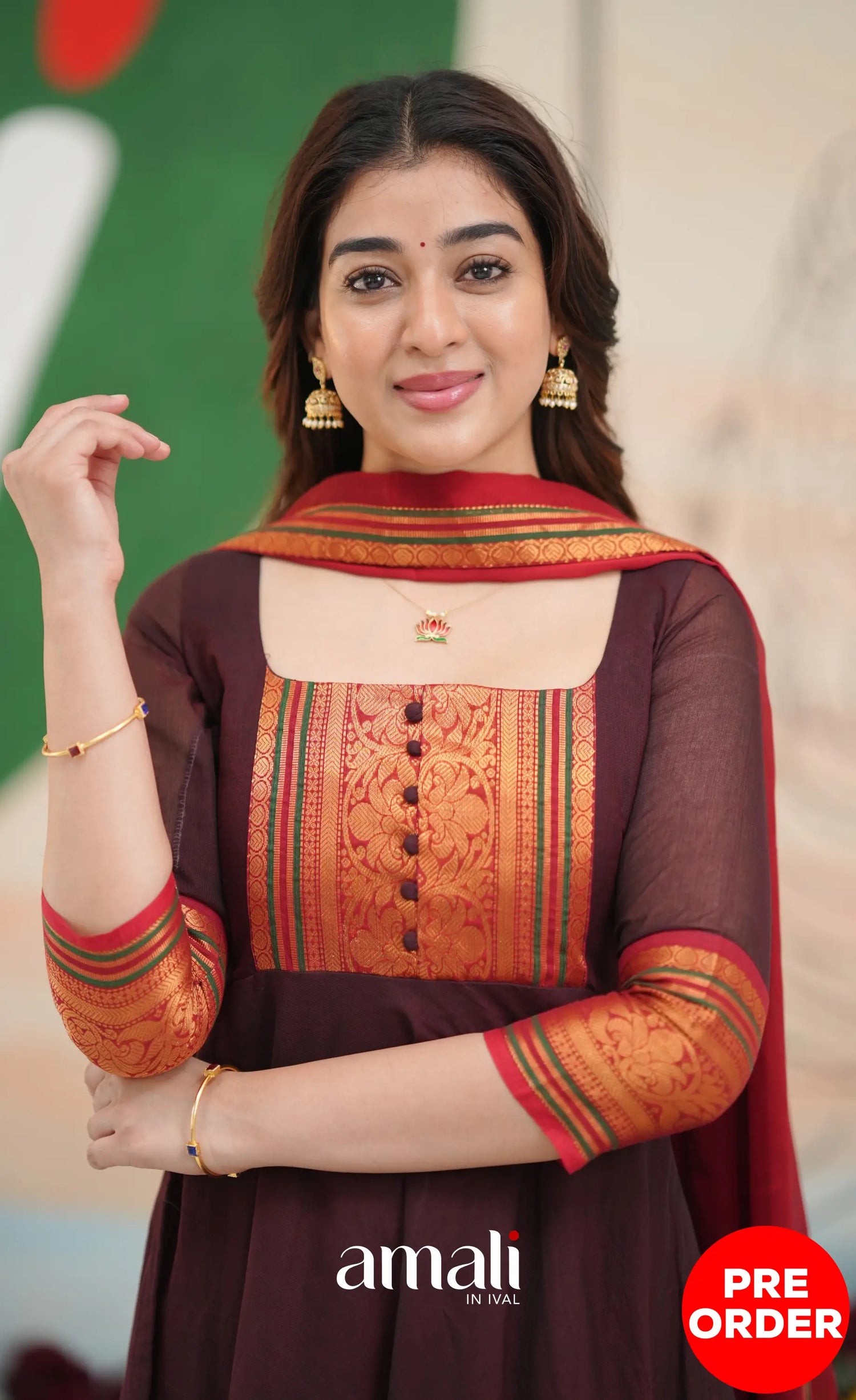 Dark Coffee Brown and Reddish Maroon Cotton Anarkali - Anarkalis