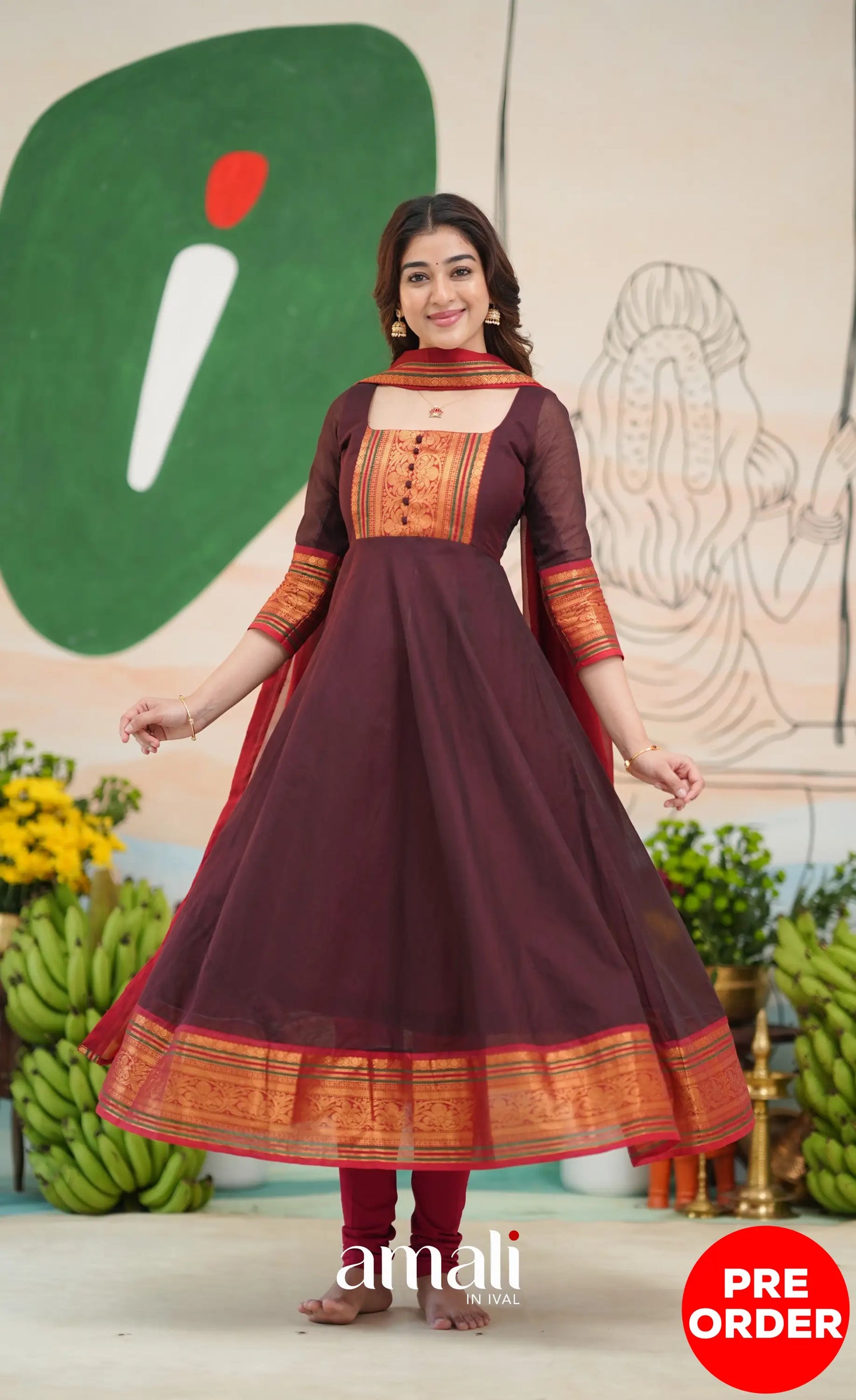 Dark Coffee Brown and Reddish Maroon Cotton Anarkali - Anarkalis