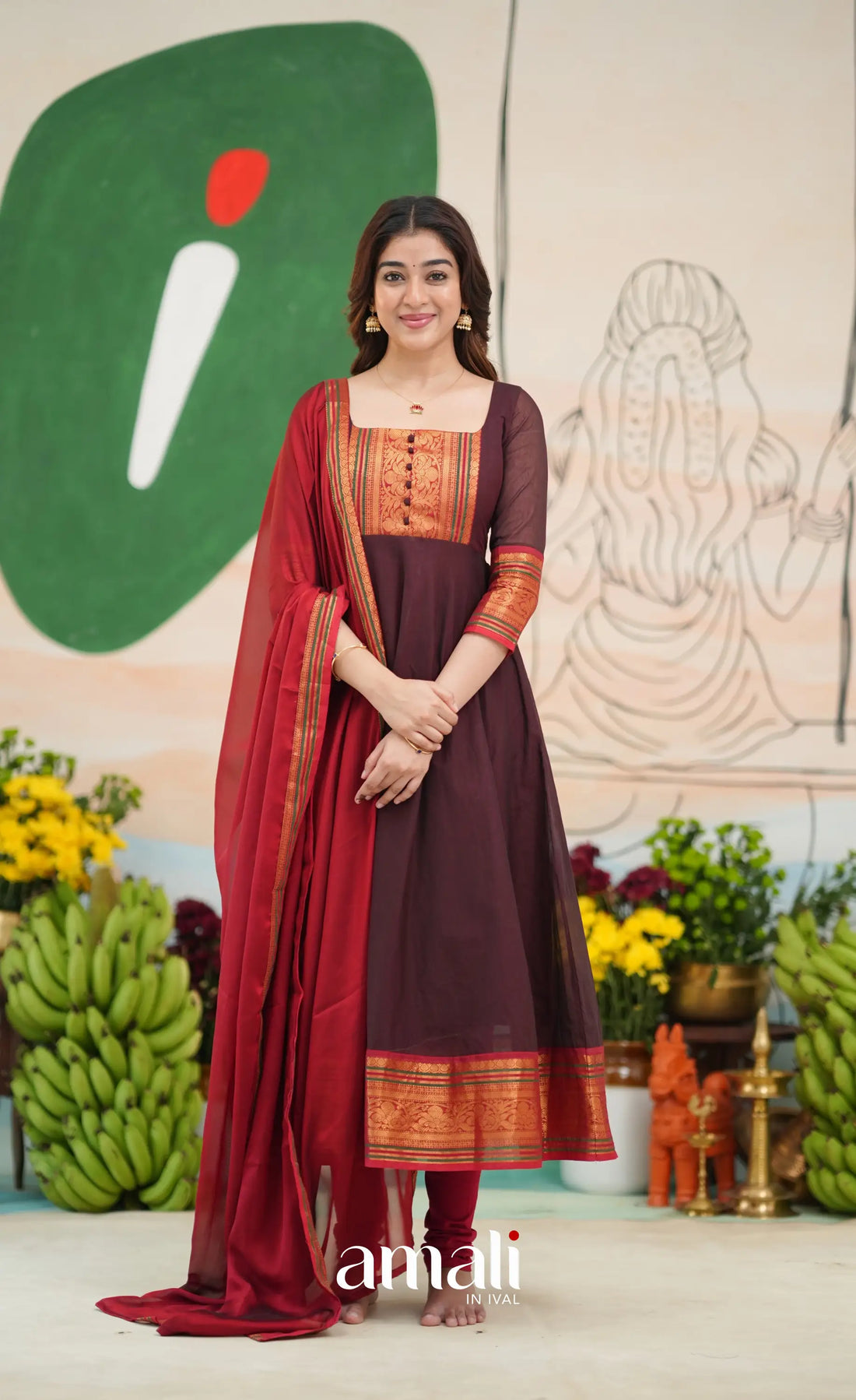 Dark Coffee Brown and Reddish Maroon Cotton Anarkali - Anarkalis