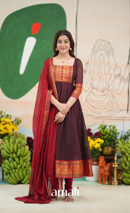 Dark Coffee Brown and Reddish Maroon Cotton Anarkali - Anarkalis