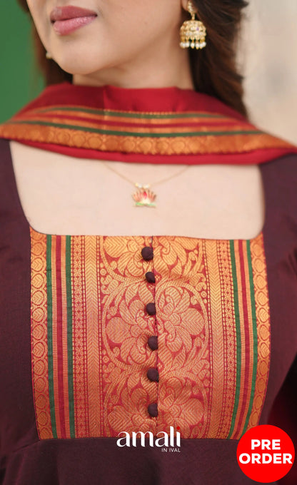Dark Coffee Brown and Reddish Maroon Cotton Anarkali - Anarkalis