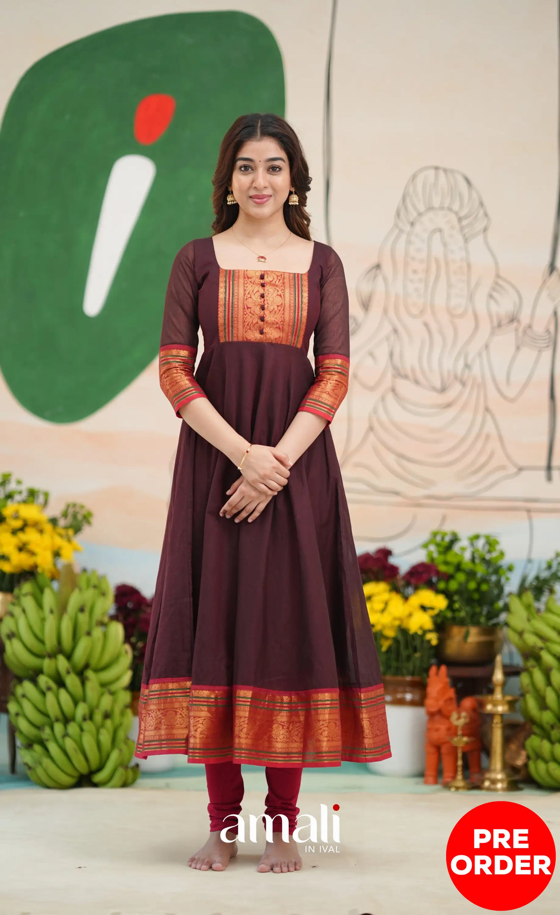 Dark Coffee Brown and Reddish Maroon Cotton Anarkali - Anarkalis