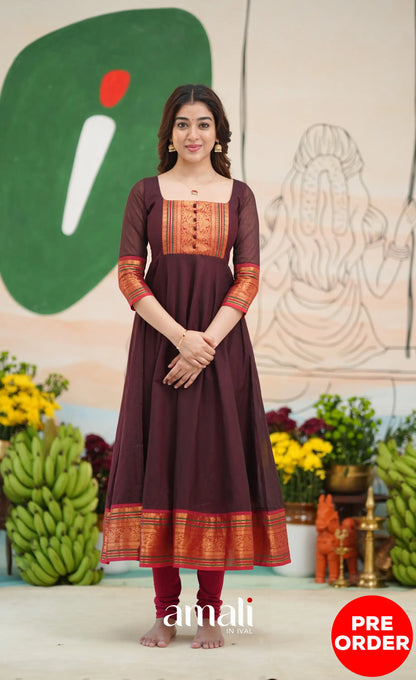 Dark Coffee Brown and Reddish Maroon Cotton Anarkali - Anarkalis